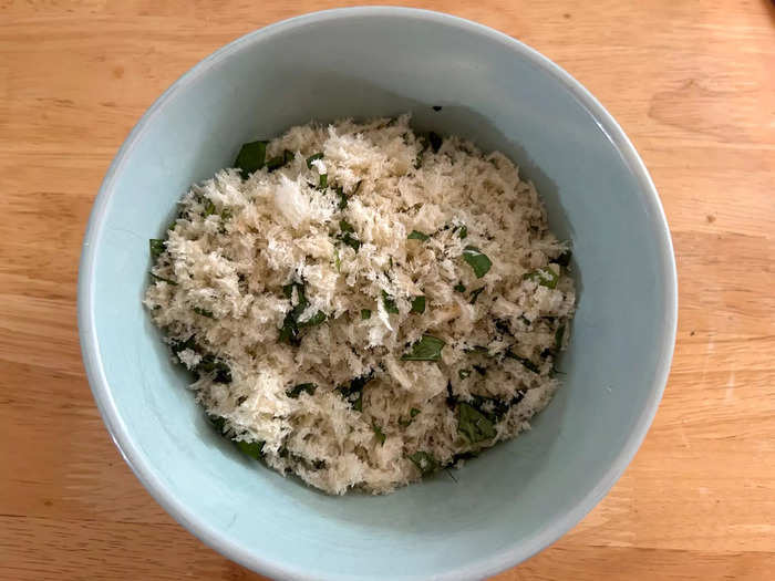 I threw my chopped bread and basil into a food processor to make the breadcrumbs. 