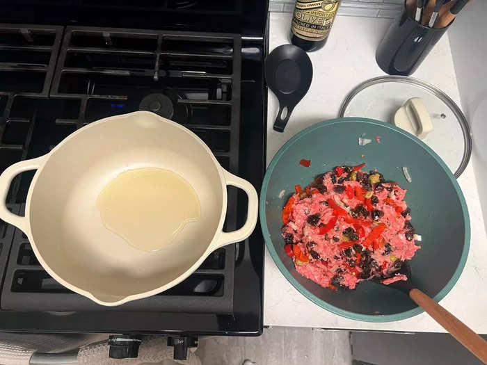 Finally, it was time to cook, so I added some olive oil to a large pot. 