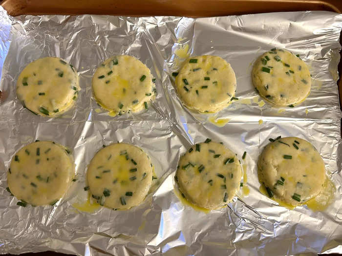 I brushed each biscuit with the egg wash before throwing my pan into the oven. 