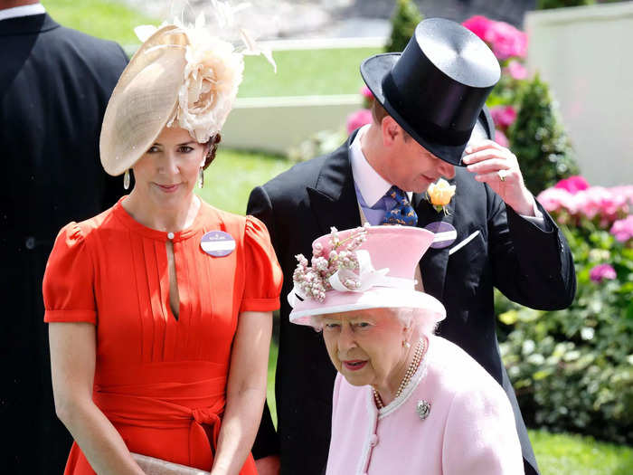 The princess wore a knee-length orange gown with a tie belt to attend Royal Ascot with Queen Elizabeth II in 2016. She accessorized with a floral fascinator and clutch bag.