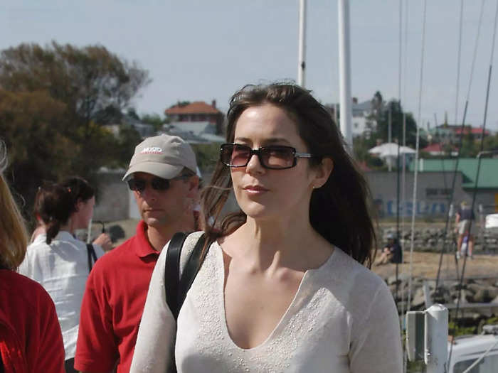 Mary dressed casually for one of her first public appearances in 2003, opting for a long-sleeved shirt, jeans, a matching belt, and sunglasses.