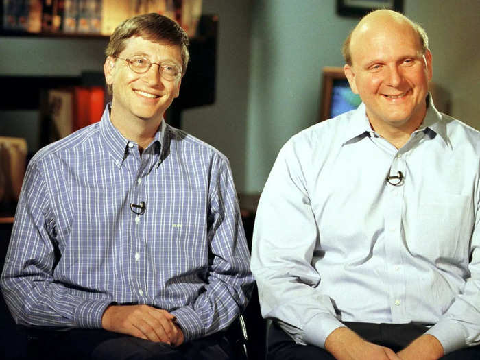 2. In another video, the CEO dances awkwardly with Microsoft cofounder Bill Gates at the Windows 95 launch party. 