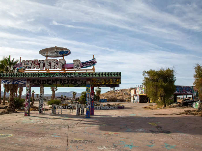 At the front of the property was what remains of the water park’s sign and entrance. 