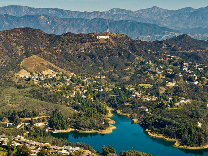 The Hollywood sign, which is situated on Mount Lee in the Hollywood Hills area of the Santa Monica Mountains, overlooks the Hollywood district of Los Angeles.