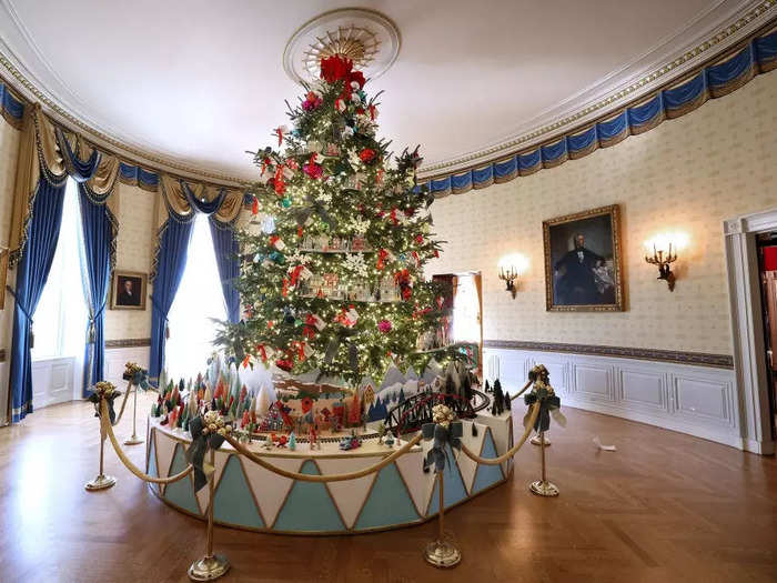 The Blue Room houses the official White House Christmas tree.