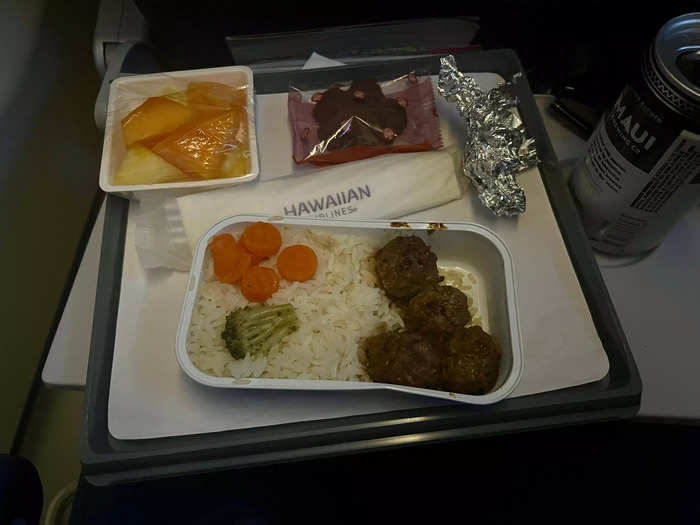 The first meal was meatballs, rice, and veggies. Similar to the outbound meal, it was served with fruit and a pastry.