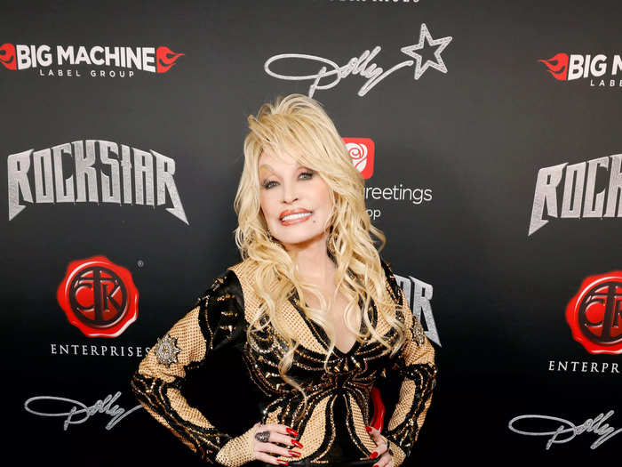 Parton donned a shimmering ensemble at her "Rockstar" VIP album release party in November.