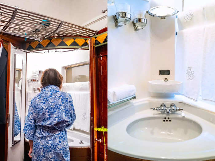 Across from the couch, there was a sink with a vanity hidden behind double doors.