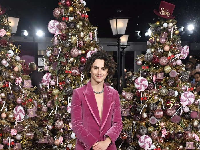 Willy Wonka himself, Timothée Chalamet, went shirtless under his pink suit.