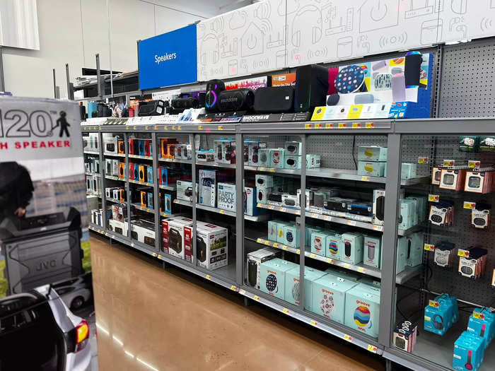 Most electronics merchandise was locked in shiny new sliding-glass cabinets.