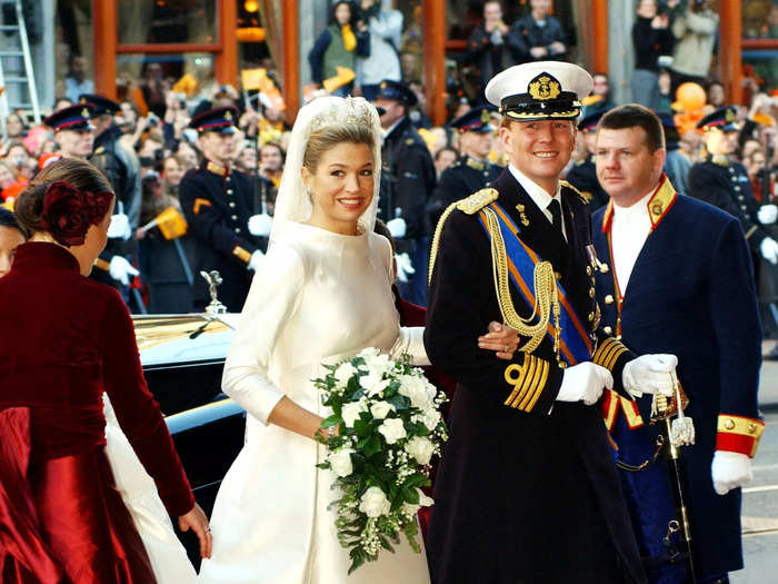 Máxima became a princess upon her wedding to Crown Prince Willem-Alexander in 2002. She paired an ivory gown with a five-meter train by Valentino with the Dutch Pearl Button tiara. 