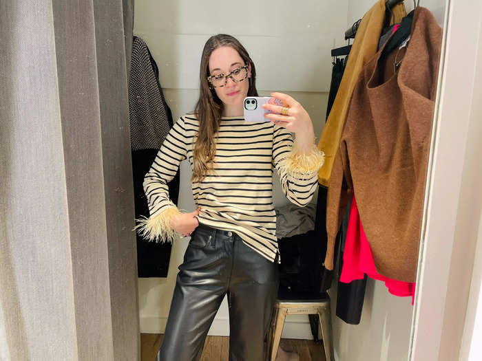 I also liked these leather pants. I threw in a feather-cuff shirt for fun. 