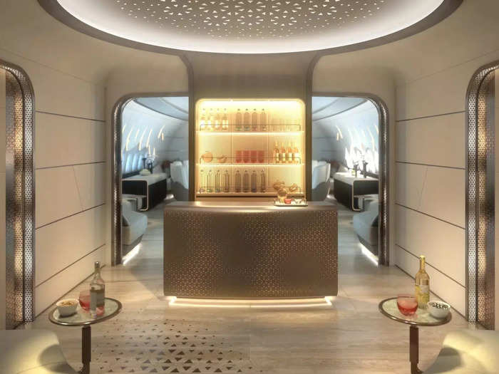 Separating the flagship suite and work space from the rest of the jet is the Celestial Lounge.