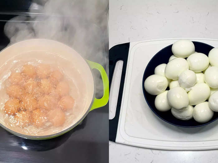 Both recipes require hard-boiled eggs, so boil and peel a batch to start. 