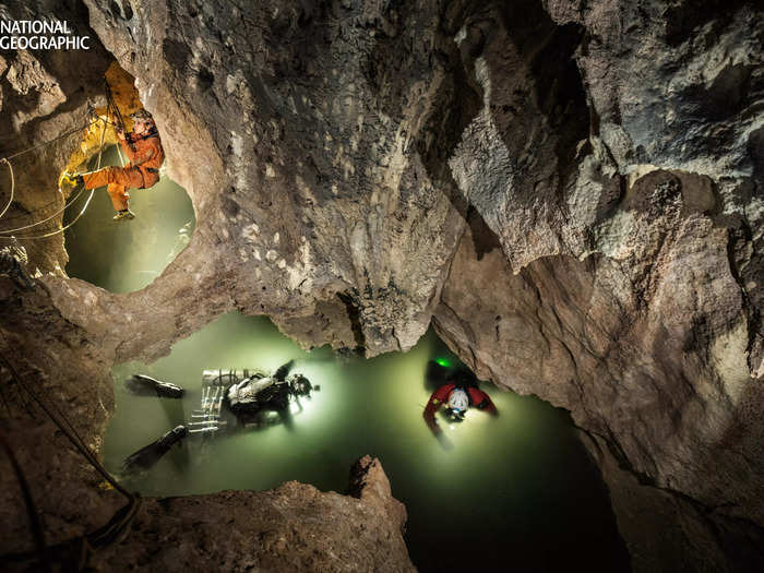 Carsten Peter captured a team of explorers spelunking in the toxic waters of Lago Verde in Italy.