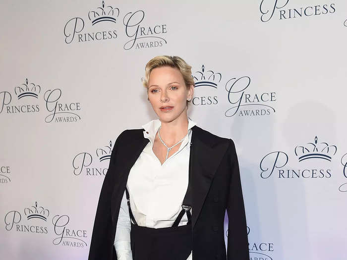 Ditching a gown for the 2018 Princess Grace Awards Gala, Charlene instead wore a black suit with suspenders. 