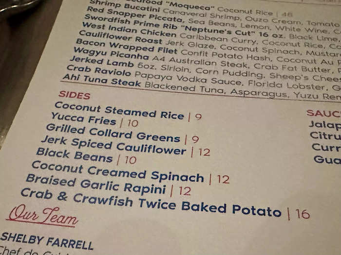 The menu features seafood and steaks with a Caribbean-style twist.