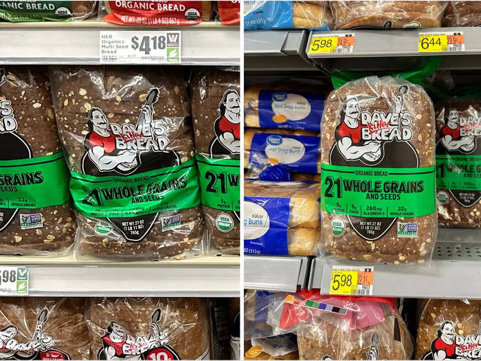 Bread was also the same price at HEB and Walmart.