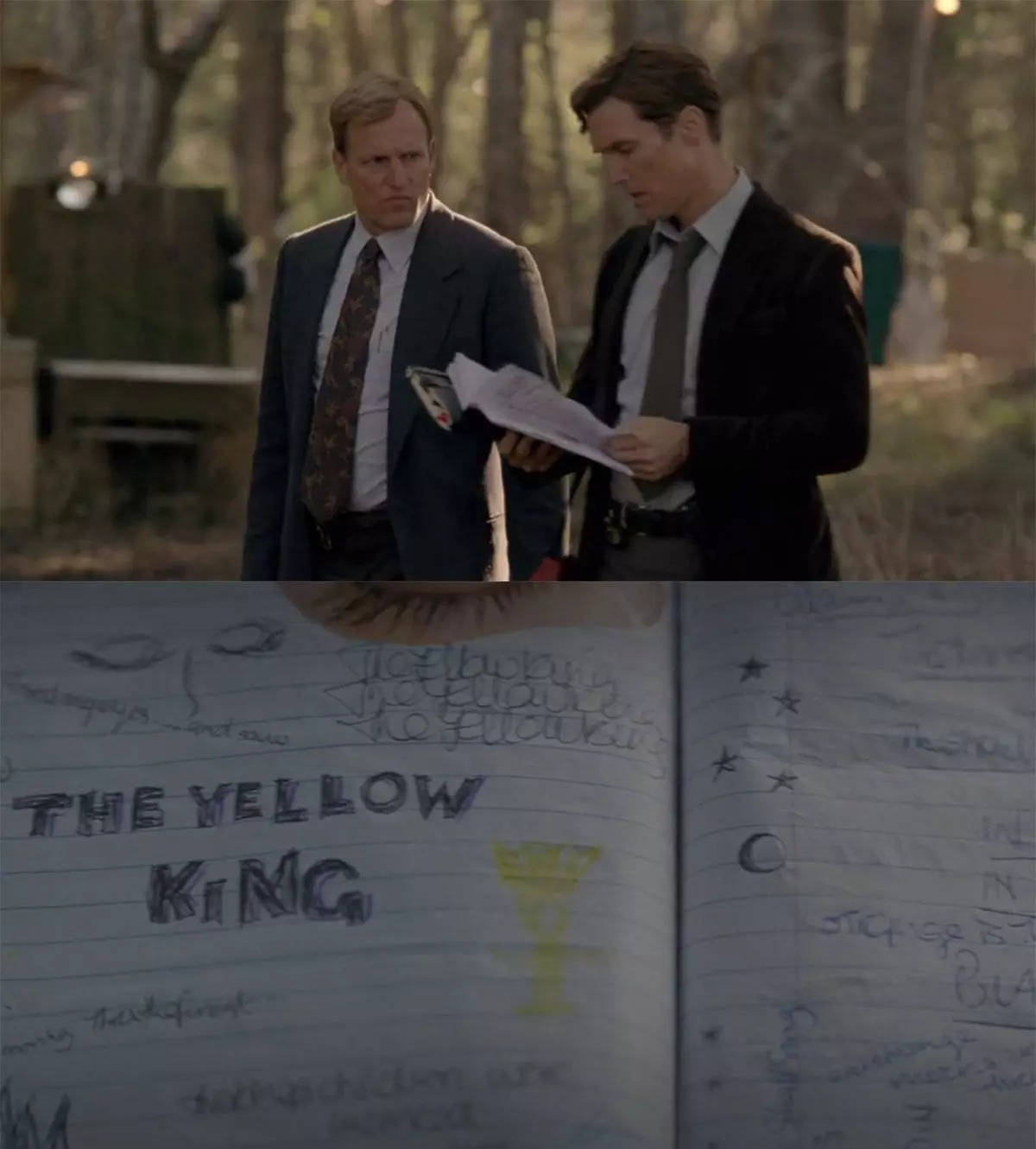 Top image shows Woody Harrelson looks at Matthew McConaughey as he reads from a journal on season one of "True Detective." The bottom image shows a peek at the journal which contains drawings and scribblings of words including "The Yellow King."