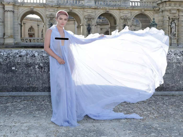 Florence Pugh wore an entirely sheer dress for the Valentino show during Paris Haute Couture Fashion Week in July.