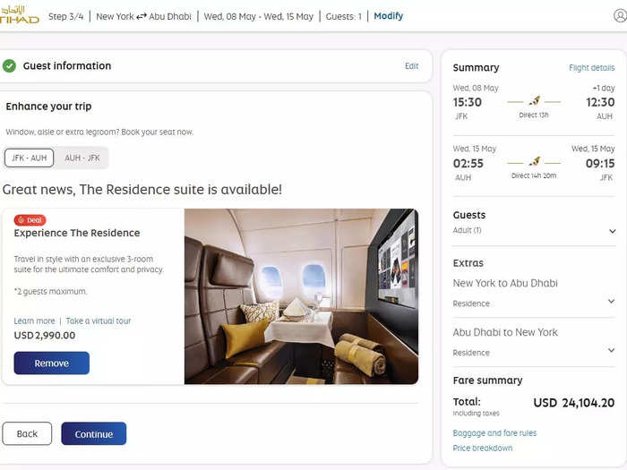 According to De, the Residence is only available by upgrading a first class ticket.