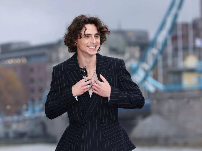 The following week, Chalamet wore a pinstripe suit without a shirt underneath.