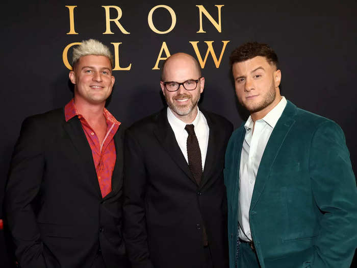 Wrestlers Ryan Nemeth and Maxwell Jacob Friedman, who play Gino Hernandez and Lance Von Erich, joined director Sean Durkin on the red carpet.