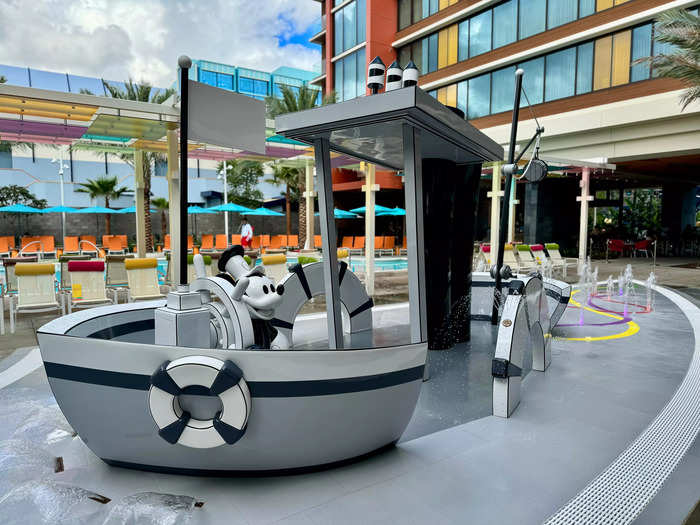 The "Steamboat Willie" splash pad pays homage to Disney