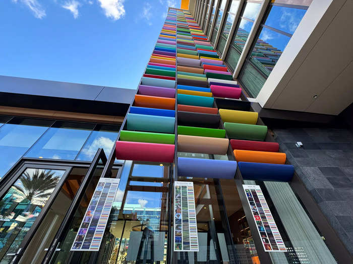 Outside, at ground level, a sign explains which film inspired each column of colors on the tower. 