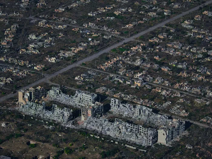 An aerial view of Bakhmut, Ukraine, showed the city destroyed from heavy fighting on September 27.