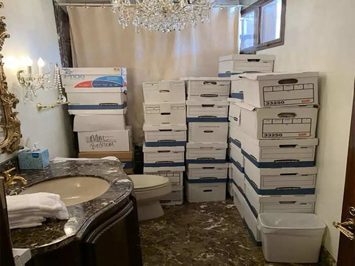 A handout photo from the US Department of Justice showed boxes of documents in the bathroom of Trump
