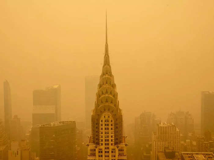 Smoky haze from Canadian wildfires obscured the New York City skyline on June 7.
