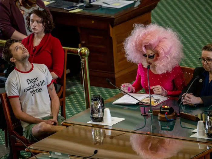 Drag queen Brigitte Bandit gave testimony at the Texas State Capitol on March 23 as lawmakers considered a bill that would regulate drag performances.