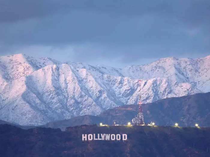 Snow covered mountains behind the Hollywood sign after a snowstorm hit Los Angeles, California, on March 1.