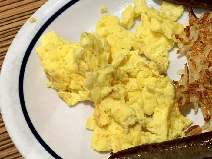 The scrambled eggs were cooked more than I like.