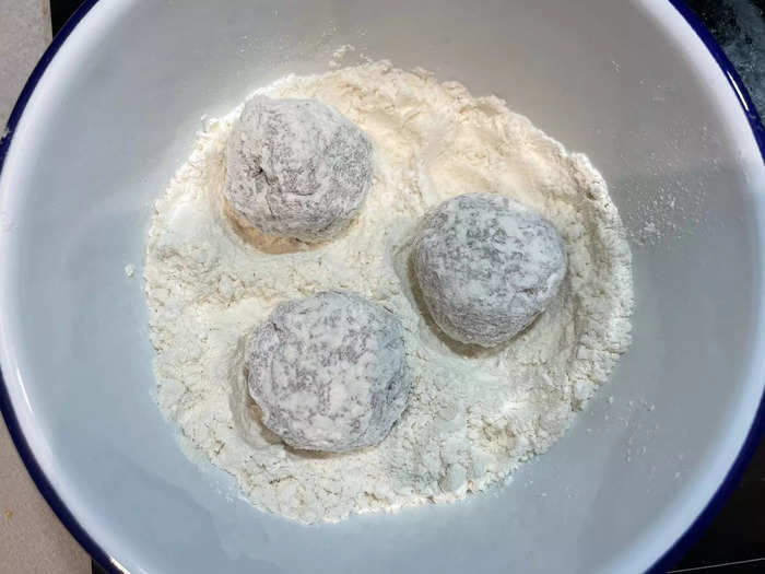 I dredged the meatballs in flour before frying them.