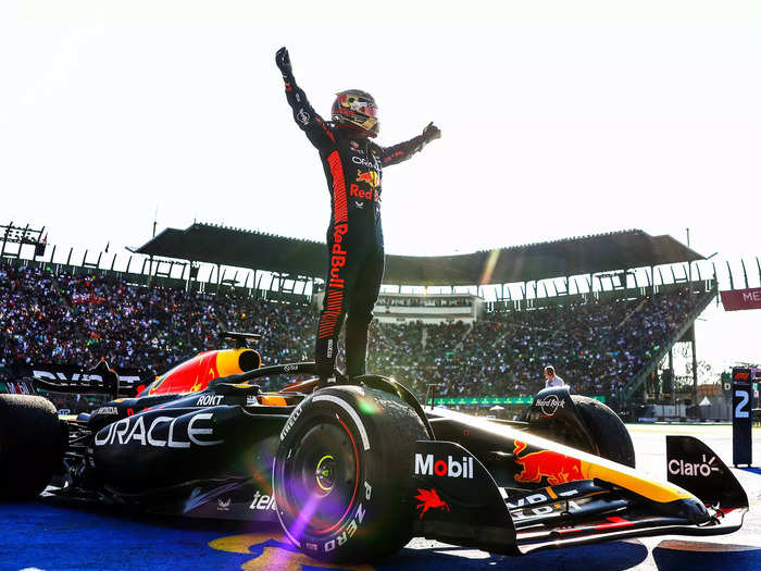 Max Verstappen of the Netherlands celebrates his victory in the F1 Grand Prix of Mexico on October 29.