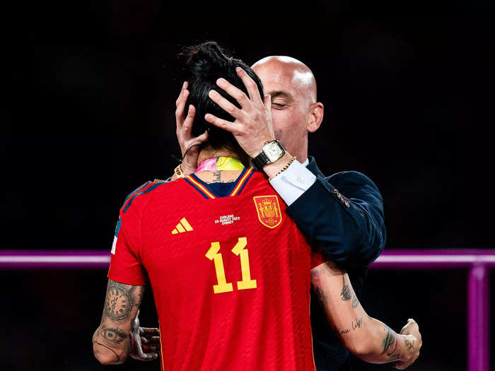 Then-president of the Royal Spanish Football Federation Luis Rubiales kisses Spain