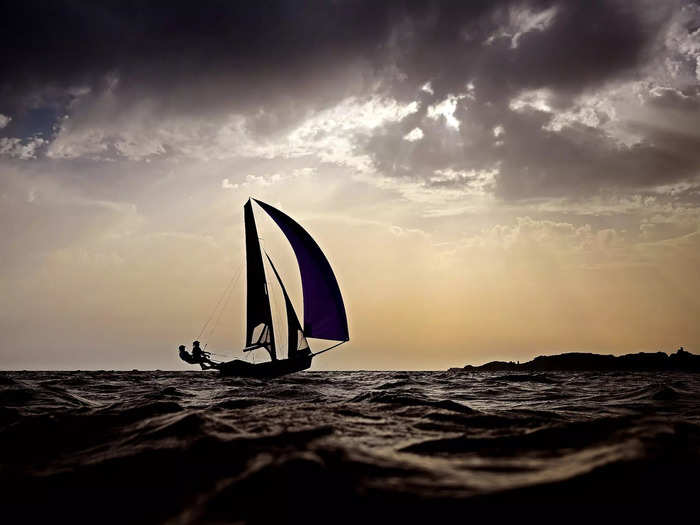 Kimberley Min Lim and Rui Qi Cecilia Low of Singapore race during the Paris 2024 Olympic Sailing test event at Marseille Marina on July 11.