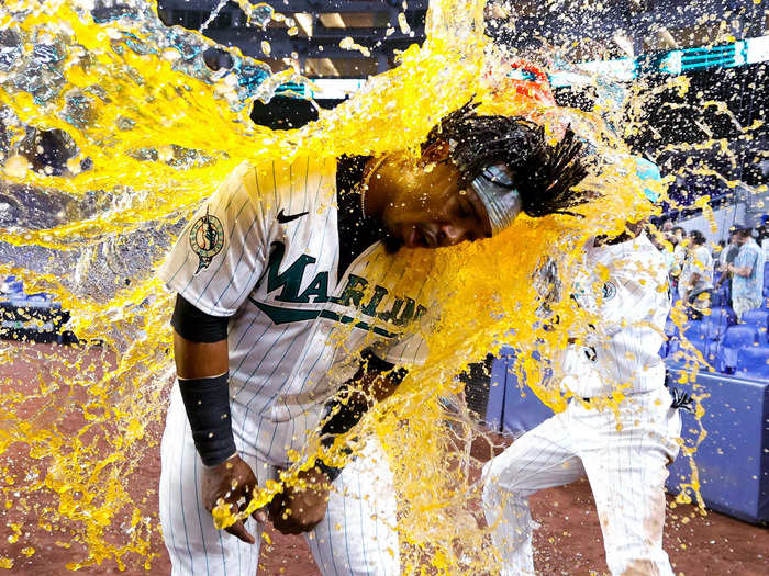 Miami Marlins players dunk a cooler of Gatorade on teammate Jean Segura after defeating the Chicago Cubs on April 28 in Miami, Florida.