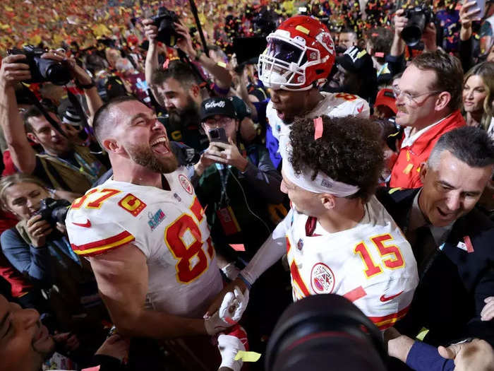 Travis Kelce and Patrick Mahomes of the Kansas City Chiefs celebrate their Super Bowl victory on February 12 in Glendale, Arizona.