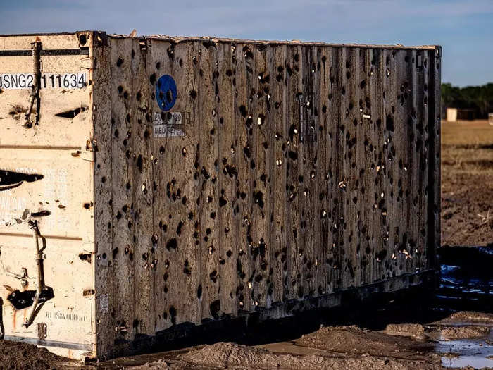 A photo from the recent training of a bullet-riddled cargo container on the ground is evidence of the A-10