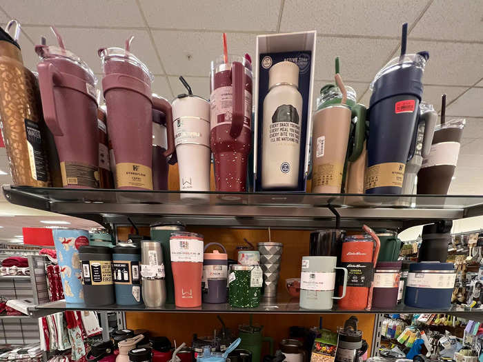 There were water bottles and travel mugs scattered throughout the store.