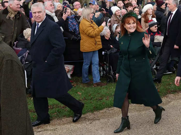 Prince Andrew walked to the church in navy along with Sarah, Duchess of York, who made a surprise appearance in an emerald ensemble.