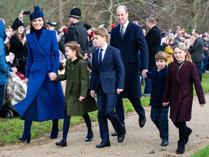 Prince William, Kate Middleton, and their children coordinated in blue and green.