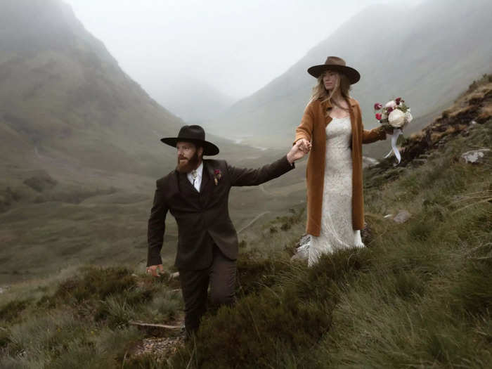 Newlyweds or the cast of "Yellowstone"? This photo was actually taken in Glencoe, Scotland.