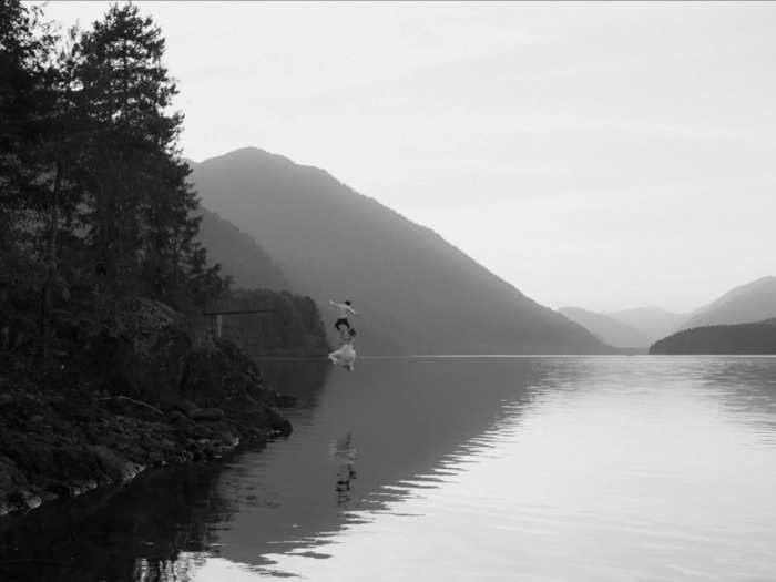 A bride and groom took a post-wedding dip in Sproat Lake, Canada.