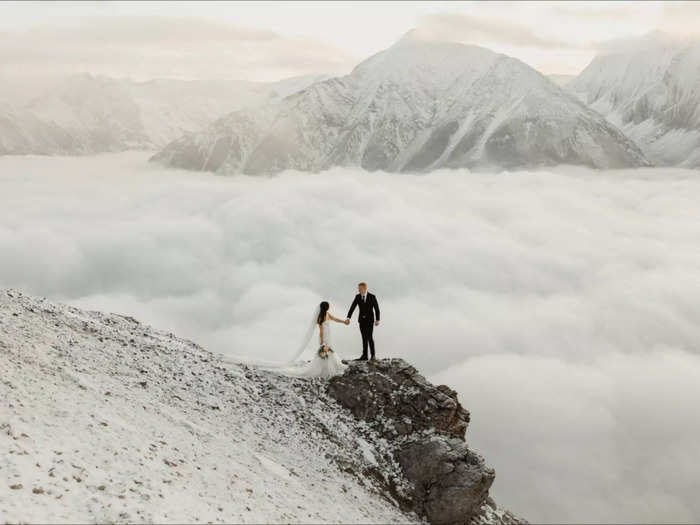 This bride and groom appear to be on cloud nine in Banff, Canada.