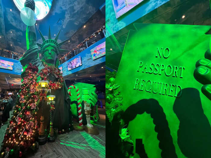 I later visited the Margaritaville restaurant, where the giant Statue of Liberty is the main attraction. Her tablet reads, "No passport required."