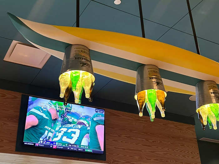 The light fixture in Landshark was a surfboard with Landshark buckets filled with beer.